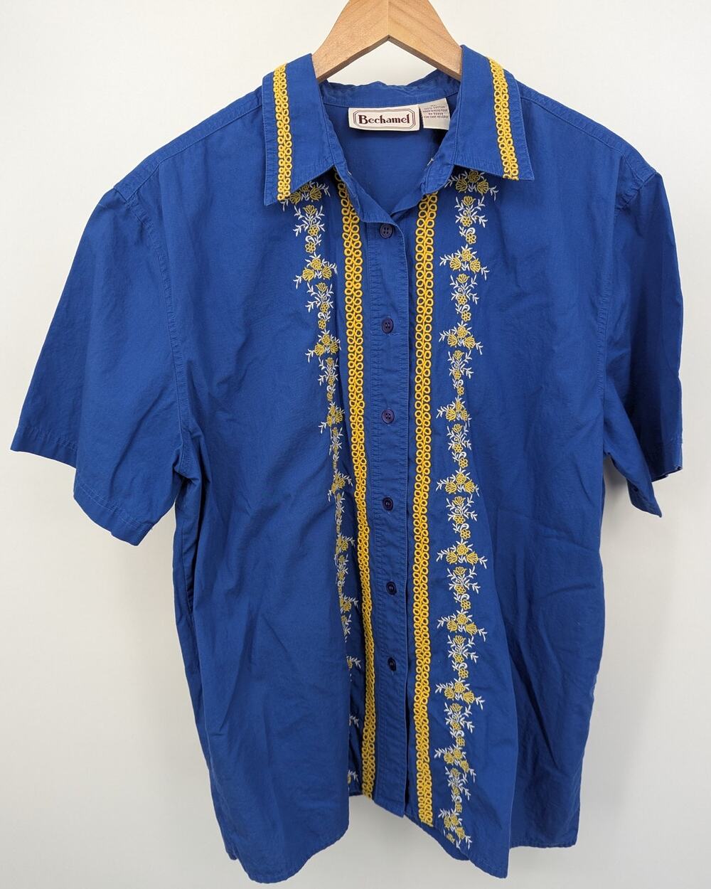 Vintage Bechamel Shirt Men's XL Blue Floral Embroidered Button Up 100% Cotton